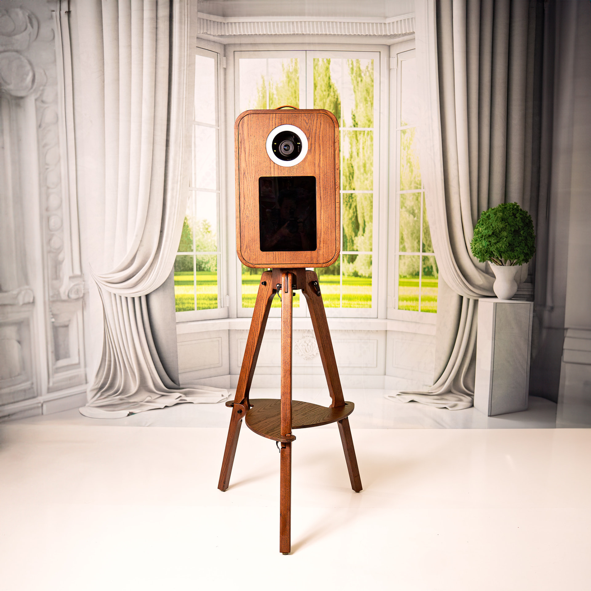 Handcrafted oak photo booth on tripod in an elegant white room